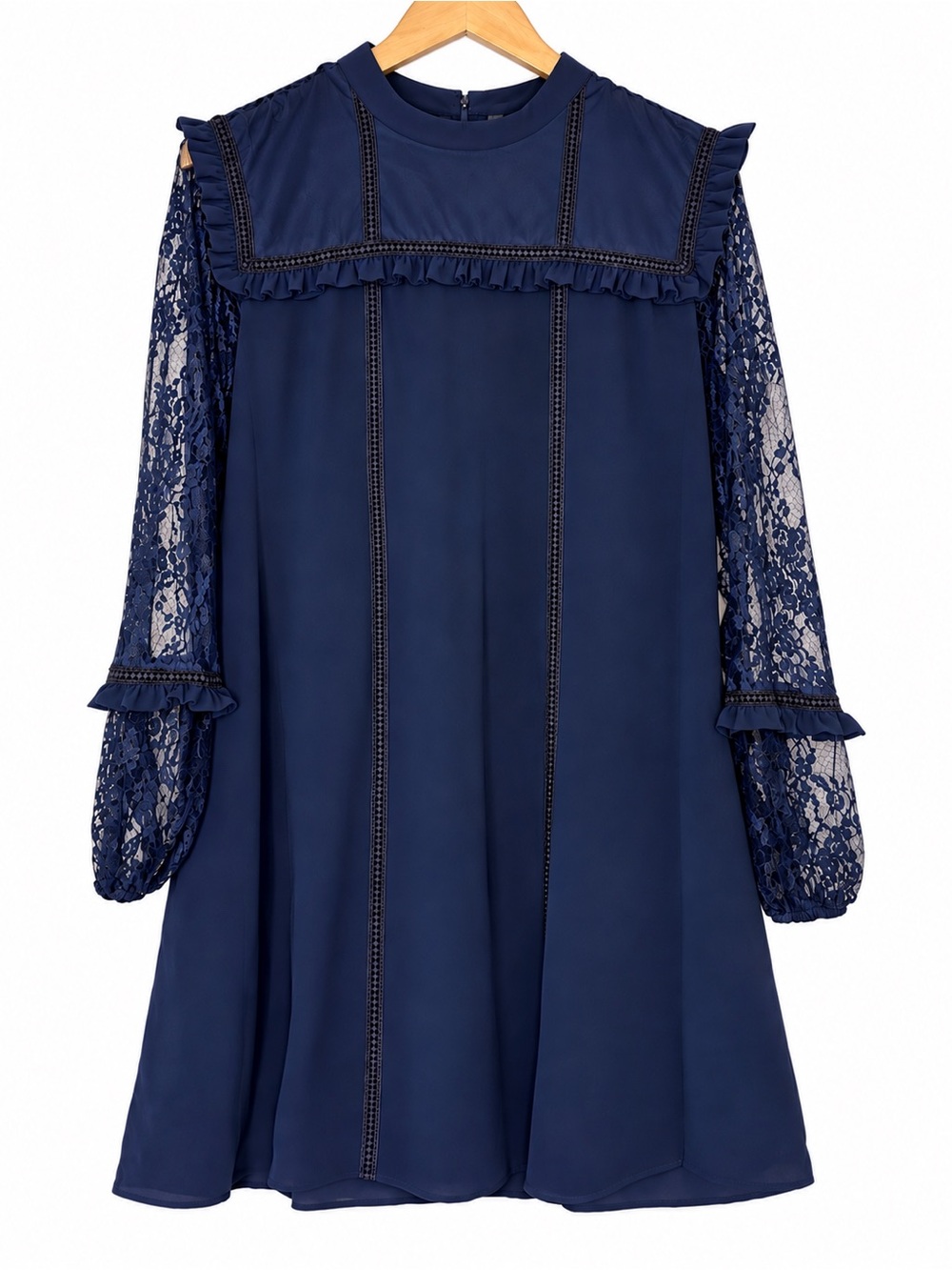 Navy Blue Cottagecore, Boho-Chic Dress w/ Floral Lace, Ruffles & Interior Liner